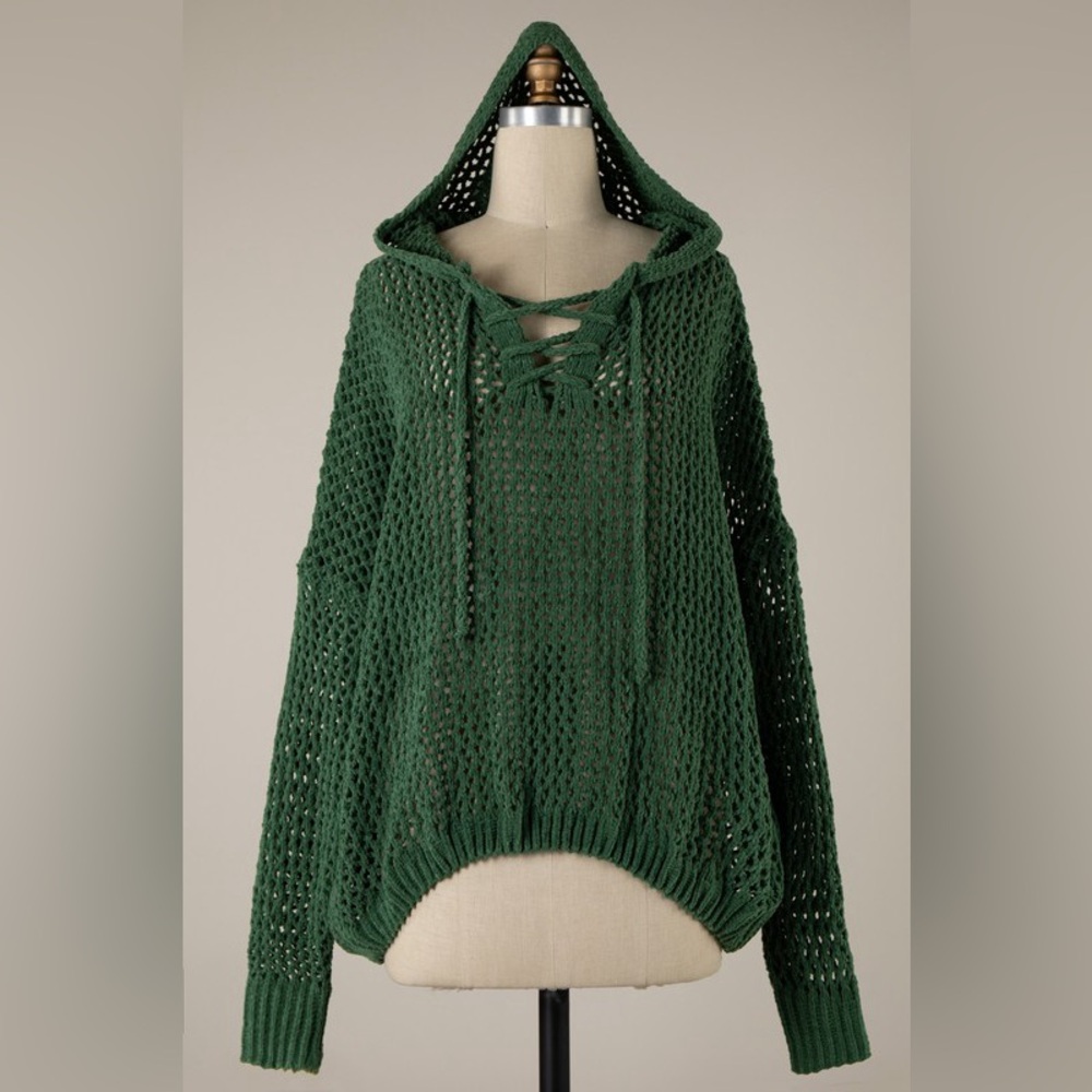119B. Lace Up Open Cable Knit Chenille Hoodie Sweater - Green